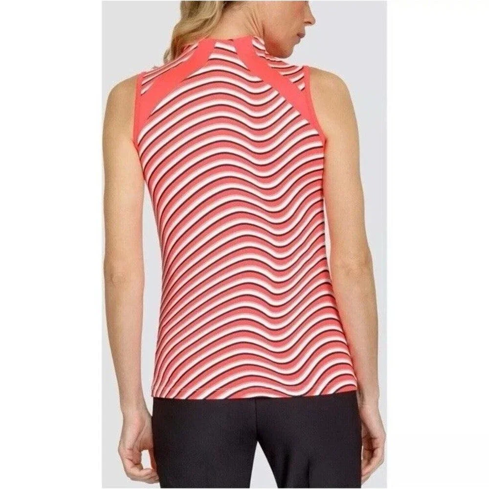 TAIL IN FOCUS Neon Coral Black Striped Sleeveless Golf Shirt Polo Small NWT